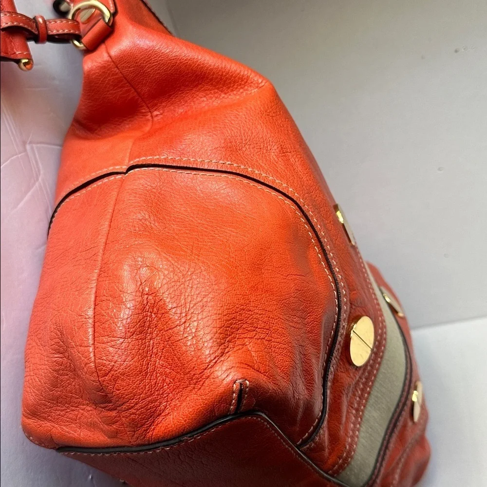 🔥 Milly Orange Coral Leather Carryall Hobo Shoulder Bag Gold Studs Suede Accent